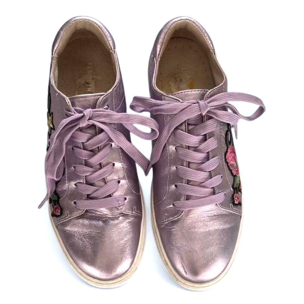 Metallic Lilac Leather Floral Embroidered Sneakers 8M Kenneth Cole
